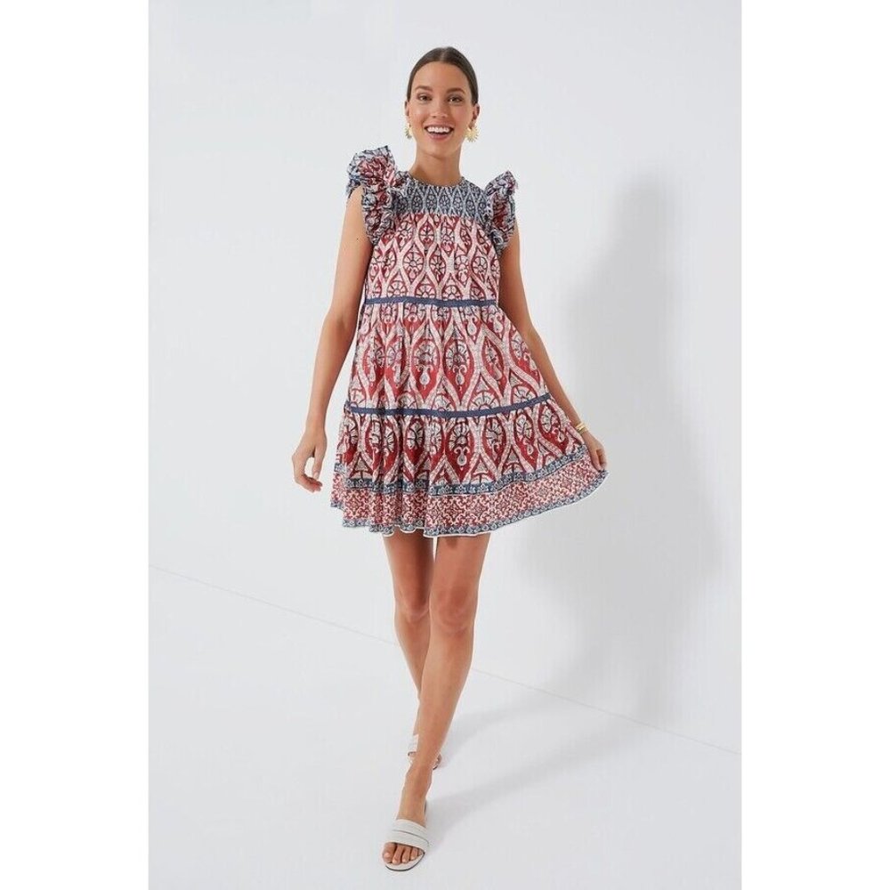 Ash & Eden Red Olga Mini Lace Dress size XL 100% Cotton Tiered Made in India NWT